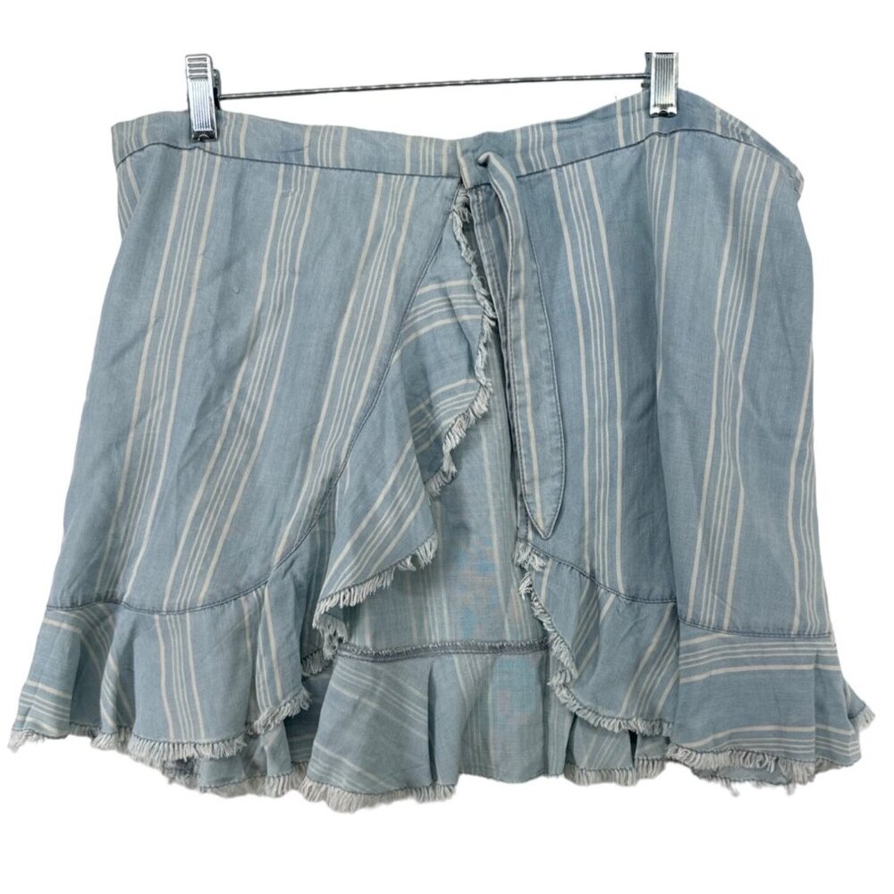 BB Dakota Women Mini Skirt Sz 4 Wrap Blue Chambray Striped Ruffled Fringe NEW
